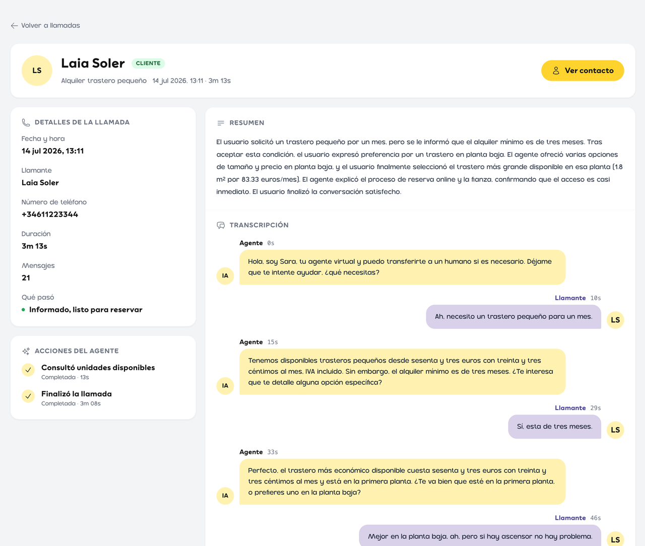 Panel: el detalle de una llamada que atendió la recepcionista IA, con su resumen y su transcripción
