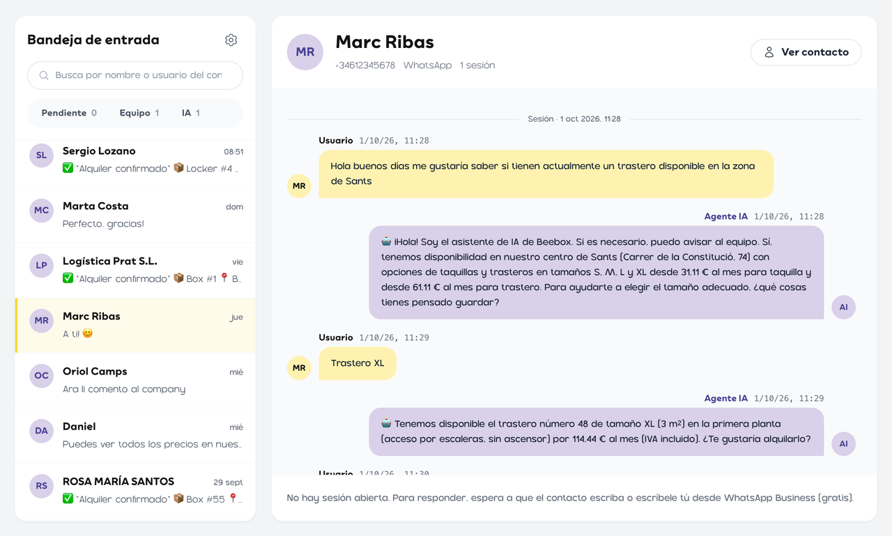 La bandeja de chats de Beebox One: la lista de conversaciones y, abierta, una de WhatsApp en la que un cliente pregunta por un trastero y la IA le responde con disponibilidad y precios