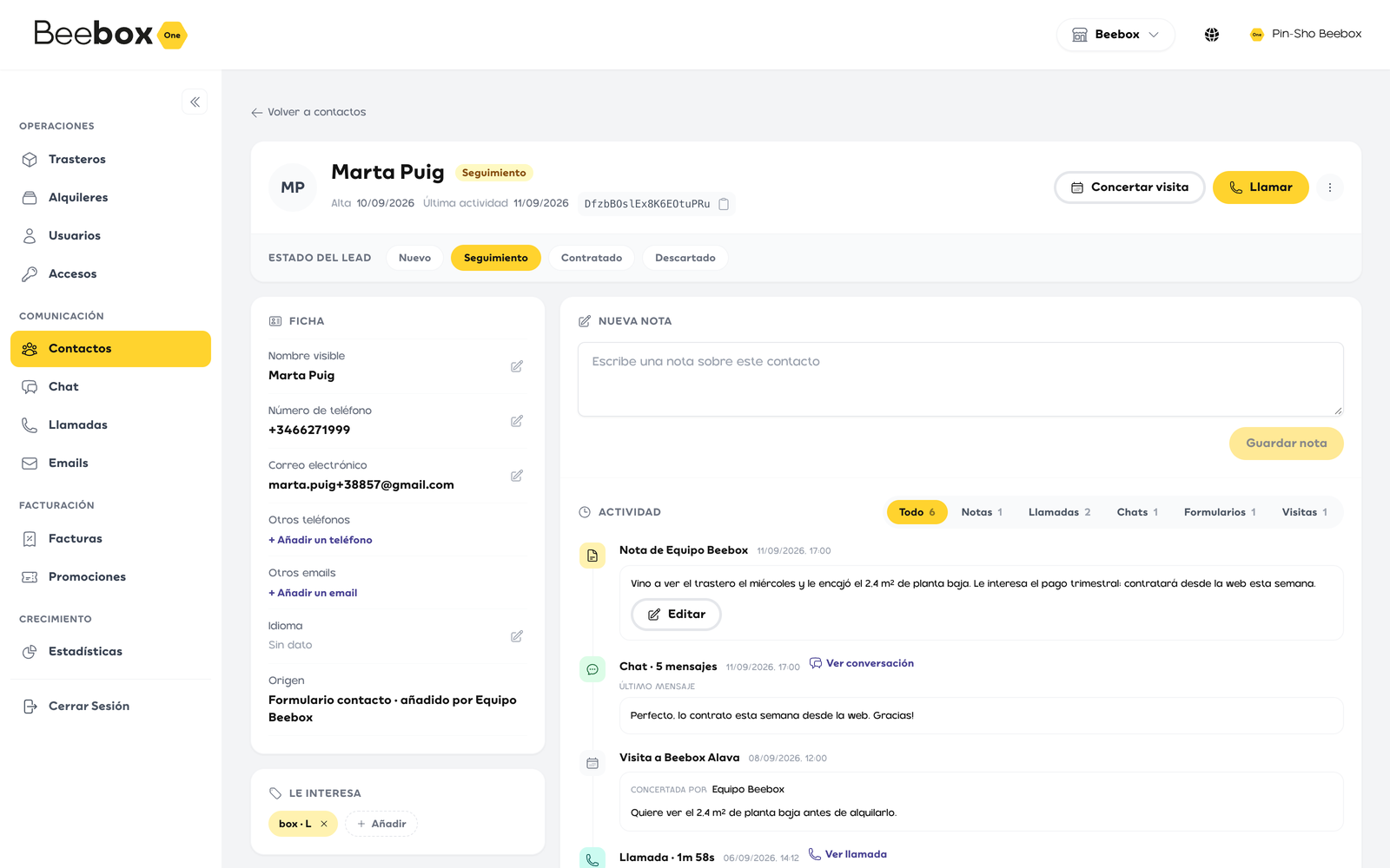 Panel: ficha de un contacto con su historial completo