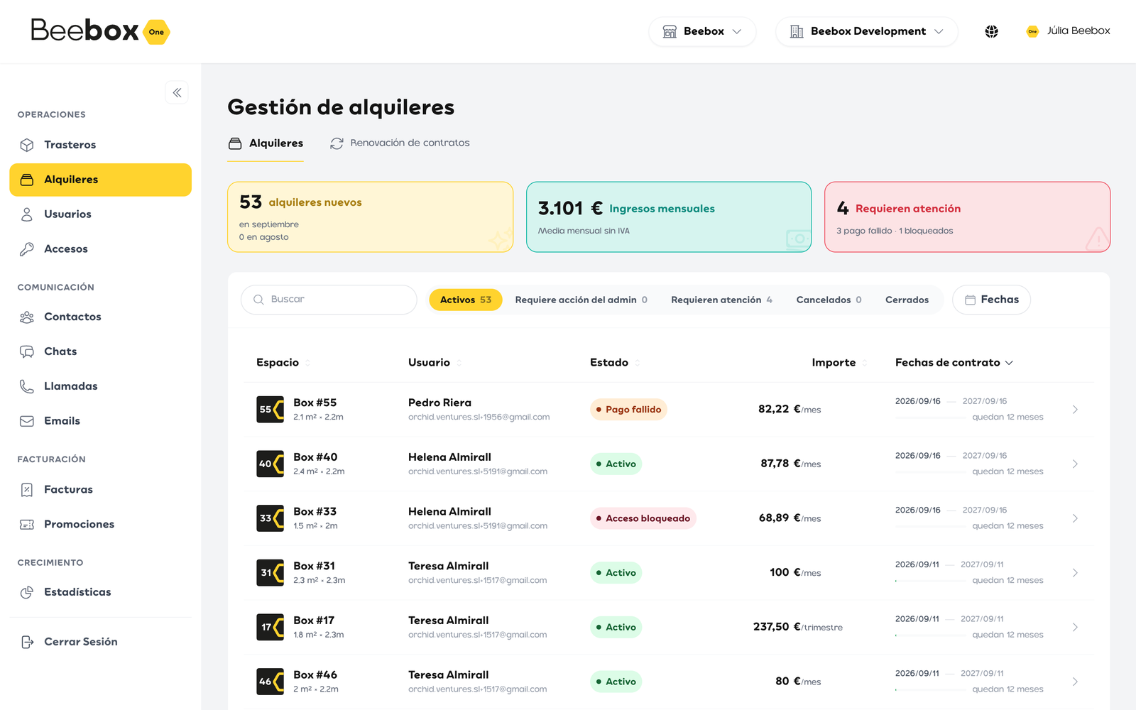 Panel: lista de alquileres con su estado y su próximo cobro